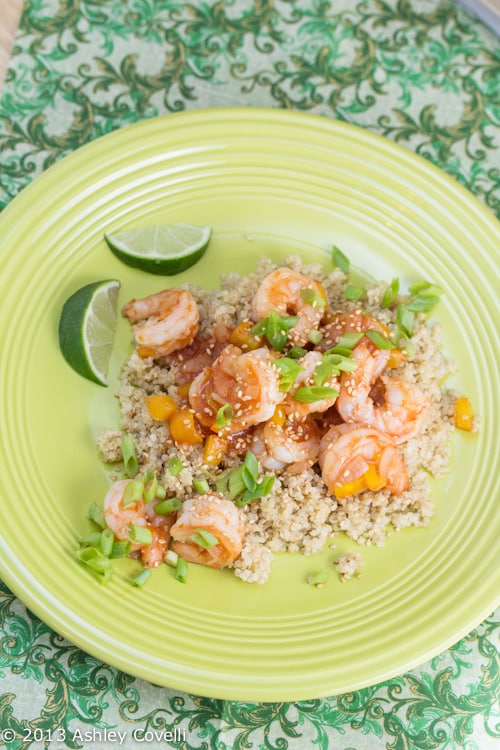 Overhead view of a plate of Apricot Soy Chili Shrimp with Quinoa.