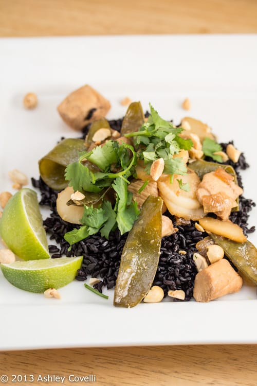 Plate of Soy-Ginger Marinated Chicken Stir-Fry served over Forbidden Rice