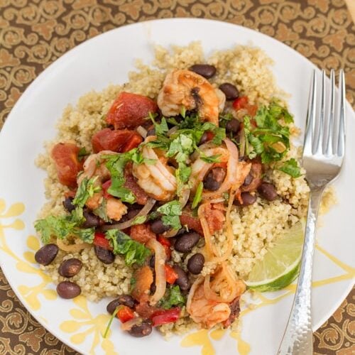 Fire Roasted Tomato and Black Bean Shrimp with Lime-Scented Quinoa