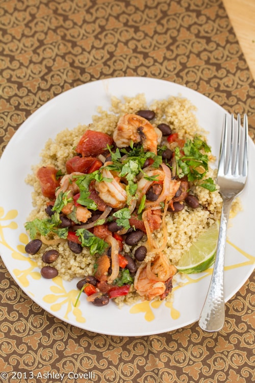 Fire Roasted Tomato and Black Bean Shrimp with Lime-Scented Quinoa