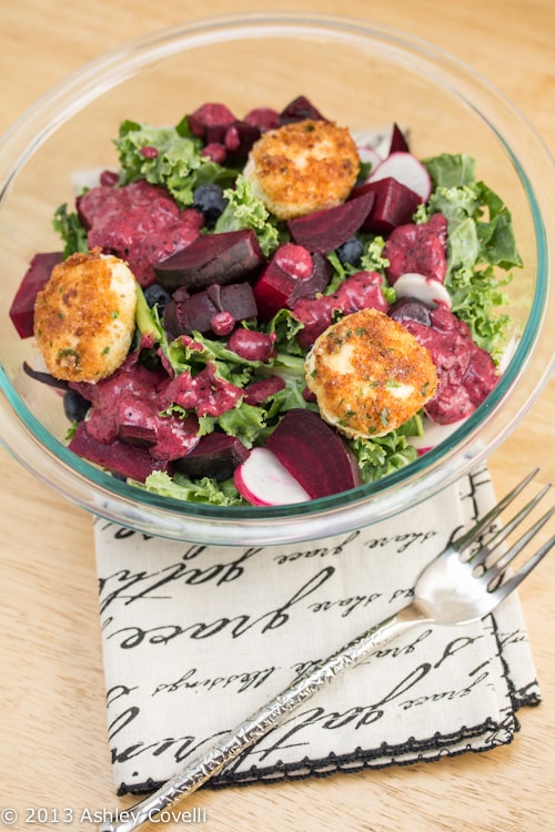 Massaged Kale Salad with Herbed Goat Cheese Croquettes and Fresh Blueberry Vinaigrette