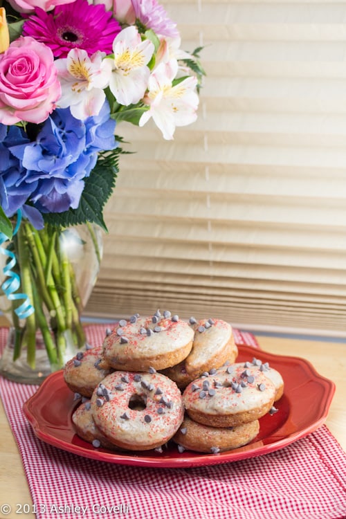 Baked Strawberry Donuts with White Chocolate Ganache