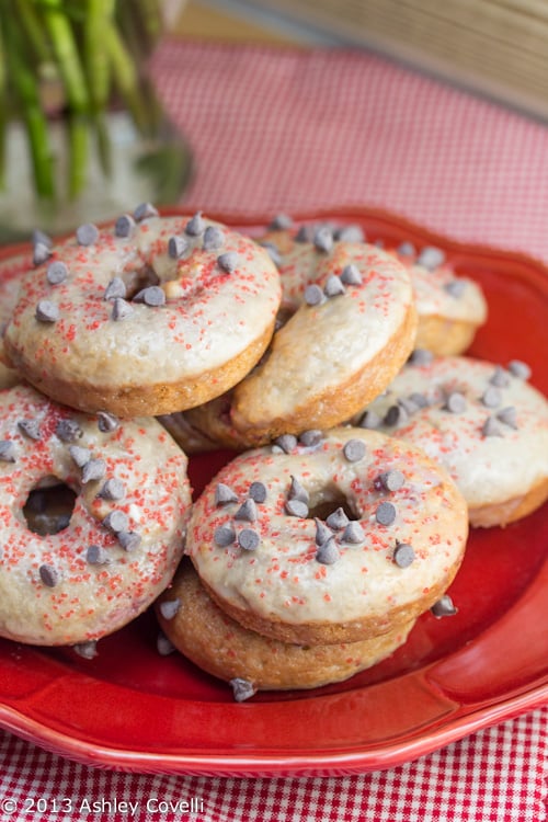 Baked Strawberry Donuts with White Chocolate Ganache