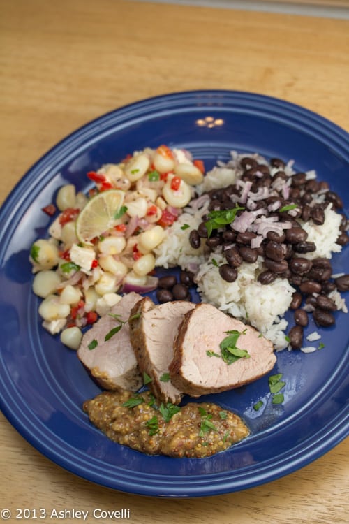 Plate of Roast Pork Tenderloin with Mustard Maple Sauce