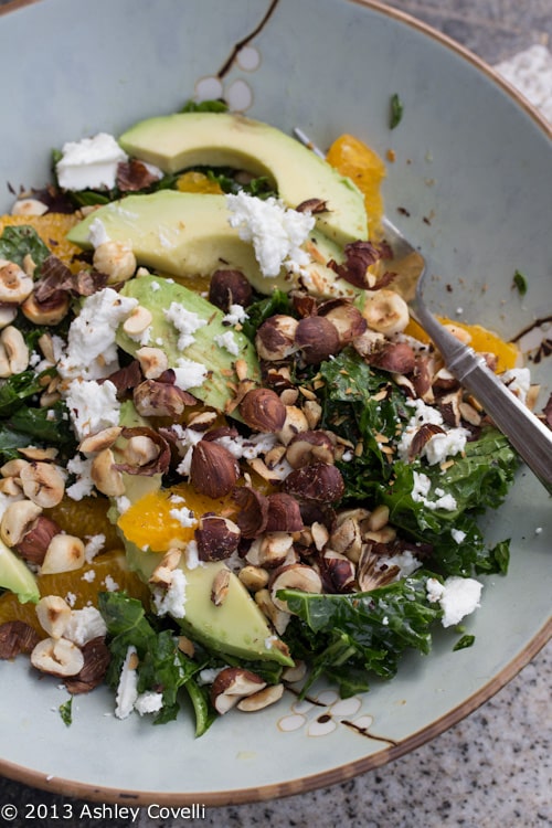 Massaged Kale Salad with Orange, Avocado, Toasted Hazelnuts and Goat Cheese