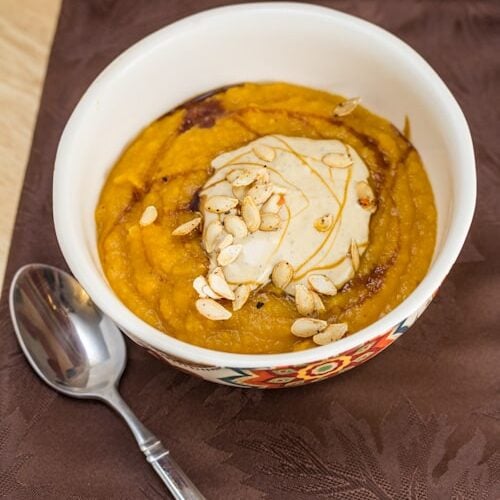 Roasted Butternut Squash Bisque with Sweet Sage Yogurt