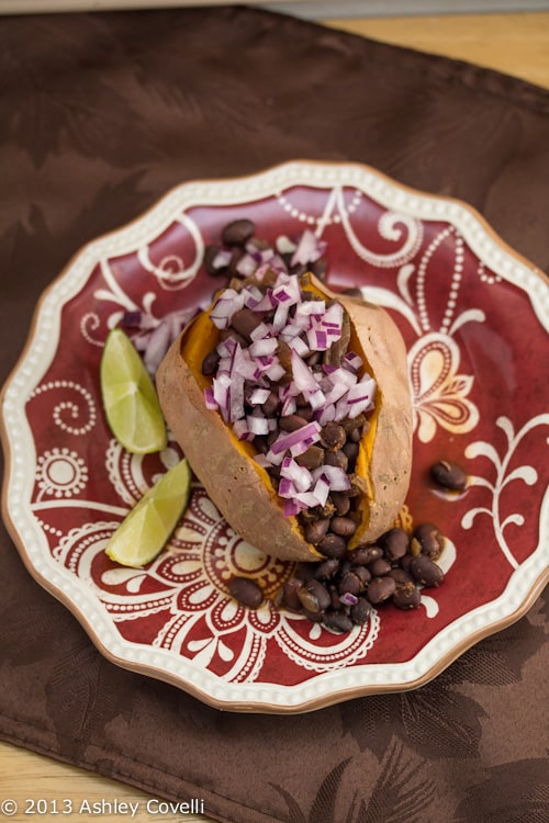 Slow Cooker Black Bean Ragout on Roasted Sweet Potatoes