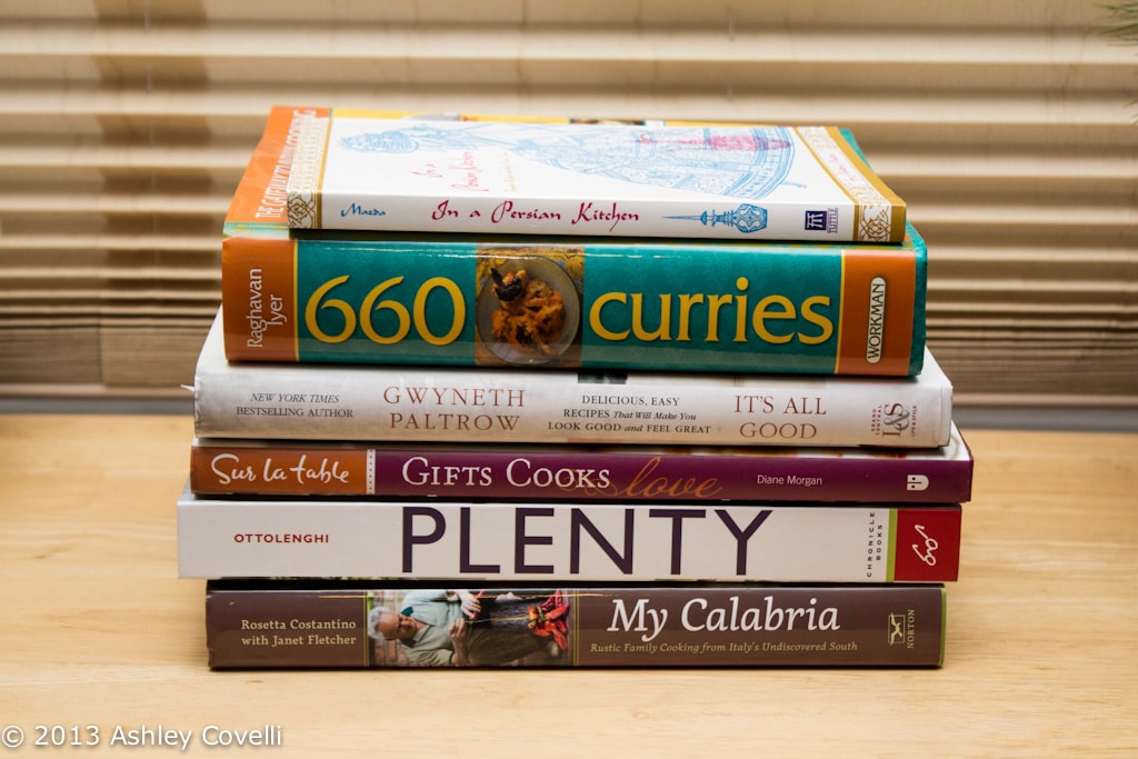 Side view of a stack of cookbooks