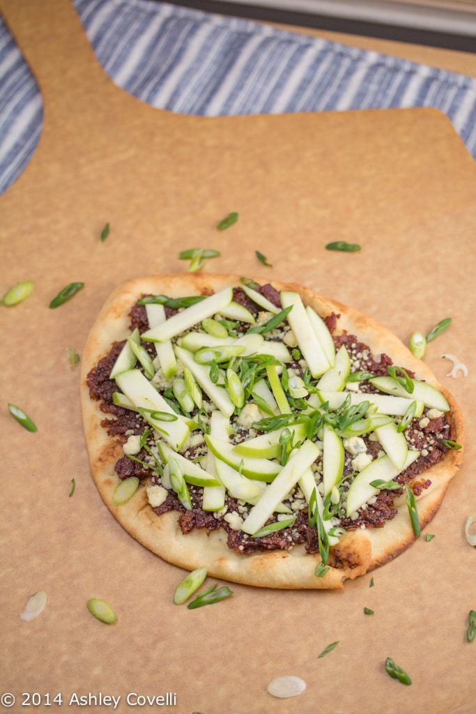 Bacon and Caramelized Onion Jam Naan Pizza with Gorgonzola and Apples