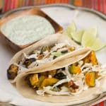 Roasted Kabocha and Eggplant Tacos with Poblano Crema