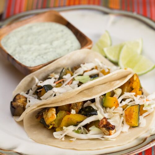 Roasted Kabocha and Eggplant Tacos with Poblano Crema