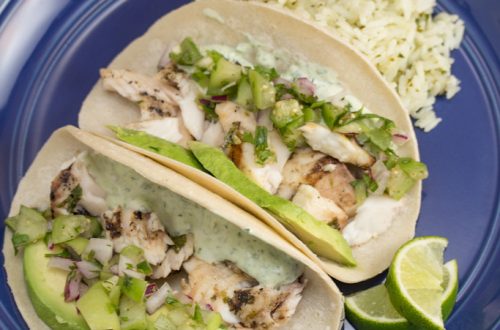 Cilantro and Lime Fish Tacos with Cilantro and Lime Crema