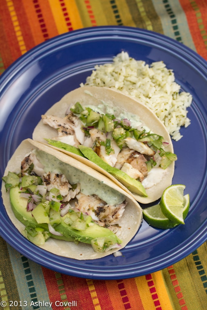 Cilantro and Lime Fish Tacos with Cilantro and Lime Crema