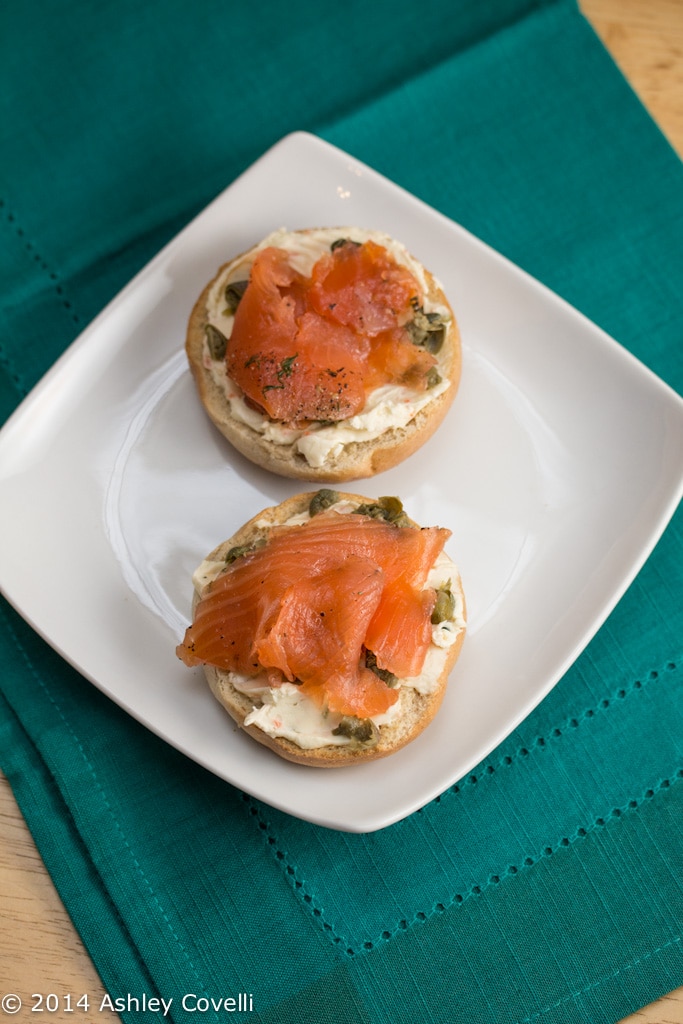 Mini Bagels with Salmon Gravlaks, Veggie Cream Cheese and Capers