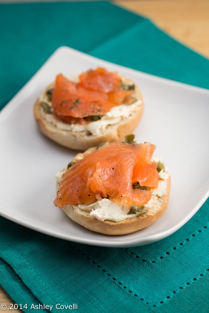 Mini Bagels with Salmon Gravlaks, Veggie Cream Cheese and Capers