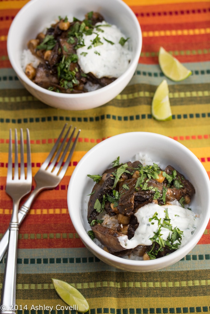 Tomato-Glazed Portobello and Chickpeas with Cilantro-Lime Yogurt Sauce