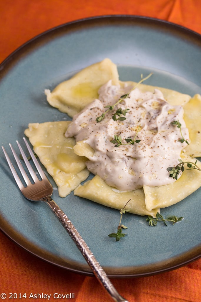 Ravioli with Mushroom and Thyme Cashew Cream Sauce