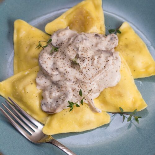Ravioli with Mushroom and Thyme Cashew Cream Sauce