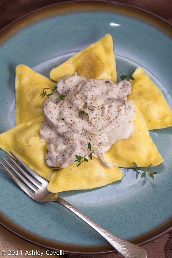 Ravioli with Mushroom and Thyme Cashew Cream Sauce