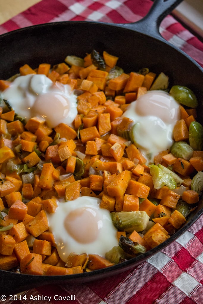 Baked Eggs with Sweet Potato and Brussels Sprouts Hash