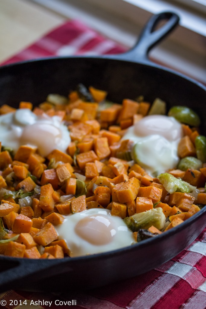 Baked Eggs with Sweet Potato and Brussels Sprouts Hash