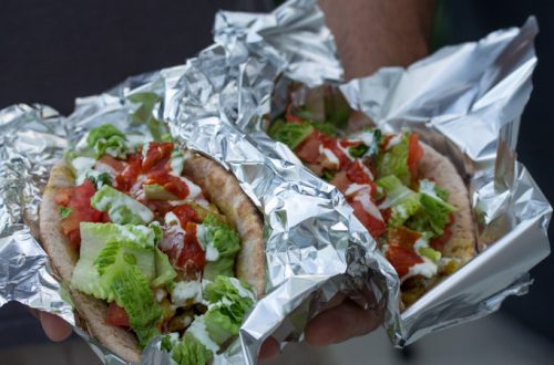 Pita sandwiches stuffed with NYC street cart-style chicken