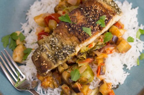 Pan-Fried Barramundi with Zahatar Over Harissa Glazed Vegetables