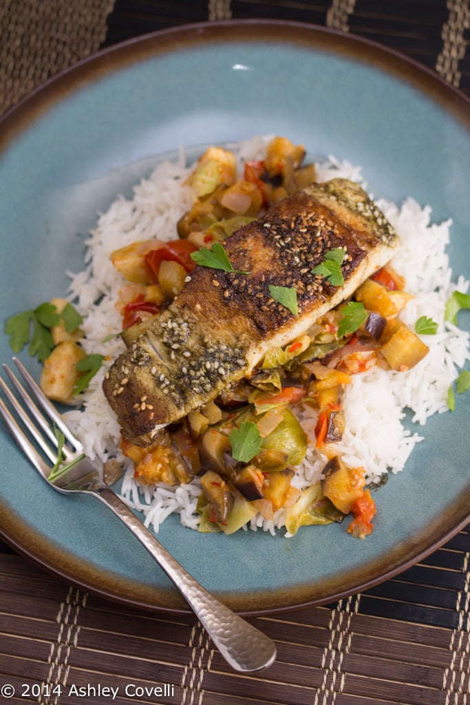 Pan-Fried Barramundi with Zahatar Over Harissa Glazed Vegetables