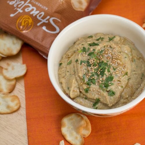 Charred Lemony Baba Ganoush with Naan Crisps