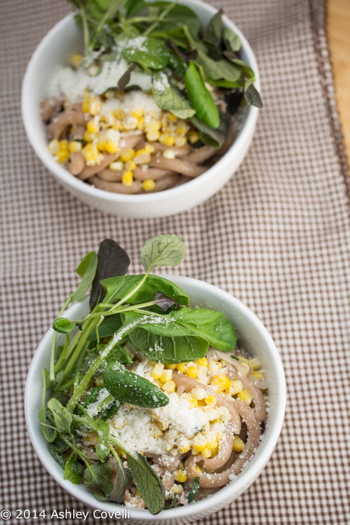 Whole Wheat Gramigna Pasta with Roasted Corn & Baby Greens