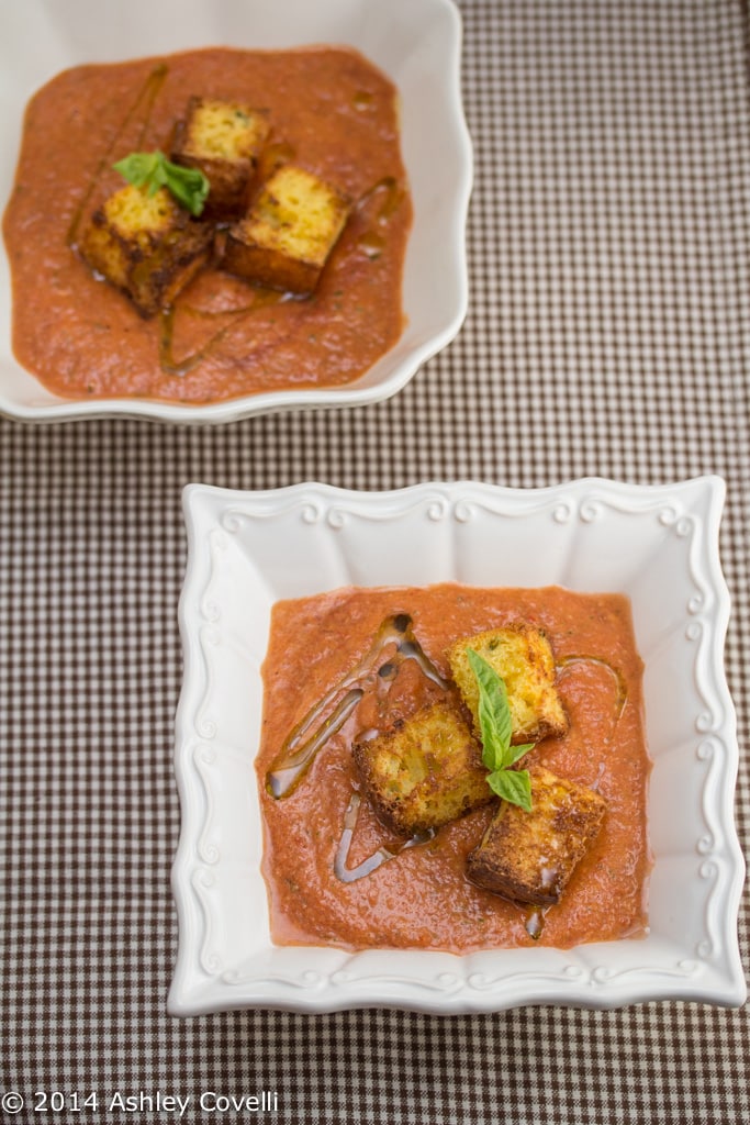 Gazpacho with Basil Cornbread Croutons