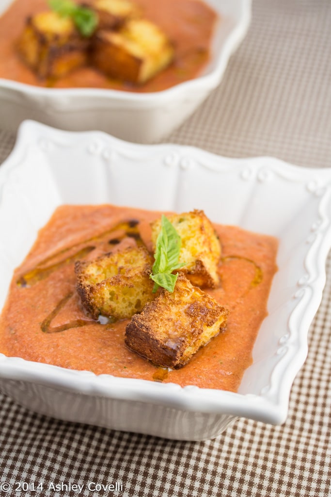 Gazpacho with Basil Cornbread Croutons