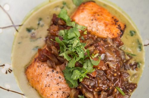 Seared Salmon & Tomato Chutney with Cranberry Bean & Spinach Stew