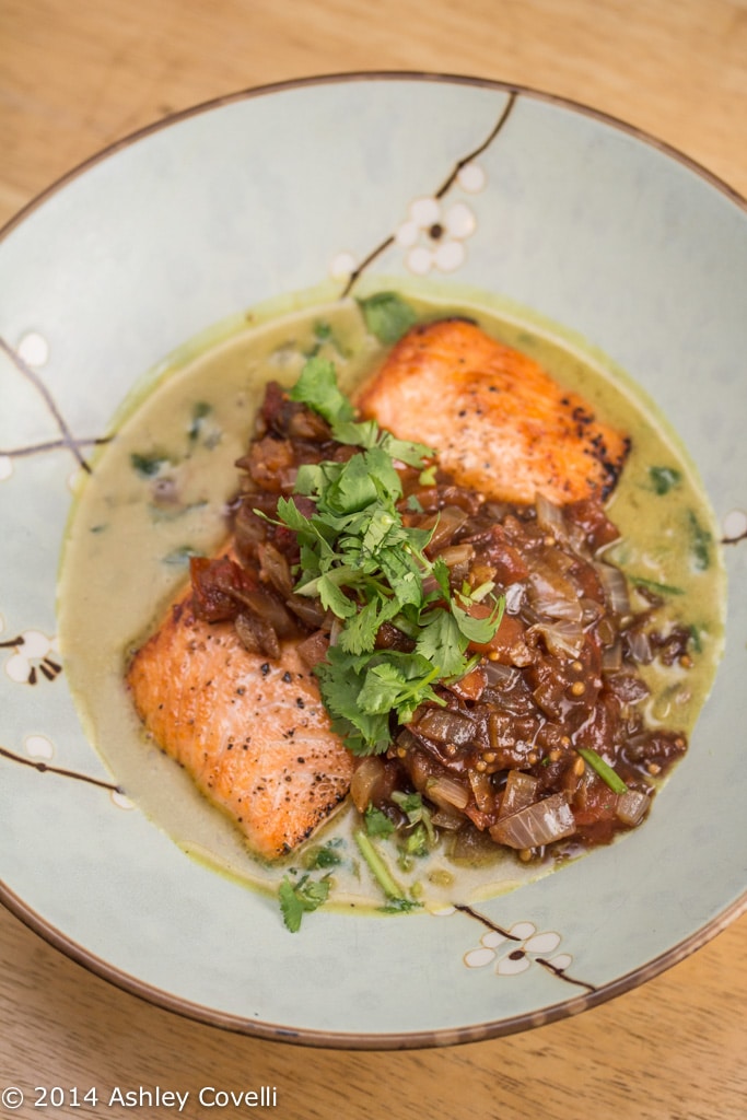 Seared Salmon & Tomato Chutney with Cranberry Bean & Spinach Stew