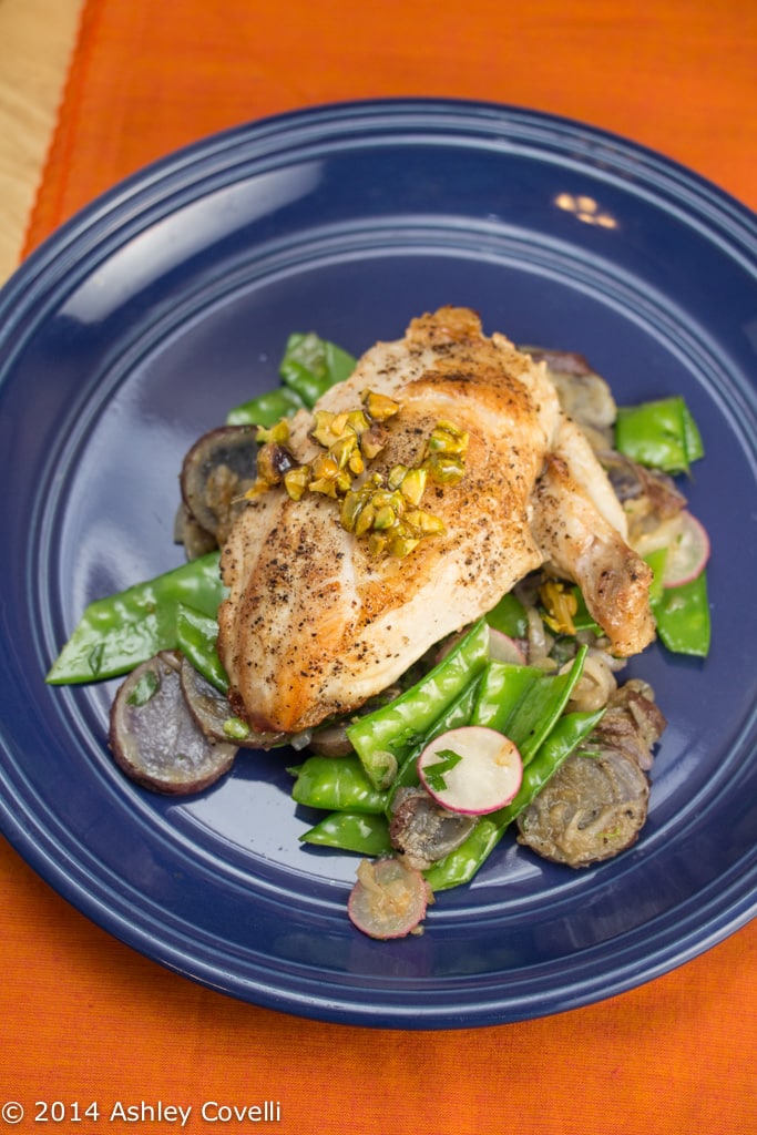 Chicken & Snow Pea-Radish Sauté with Candied Pistachios