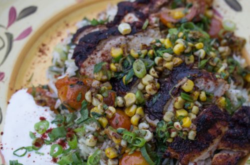 Blackened Chile-Dusted Chicken with Zucchini Rice Pilaf & Corn-Tomato Salsa