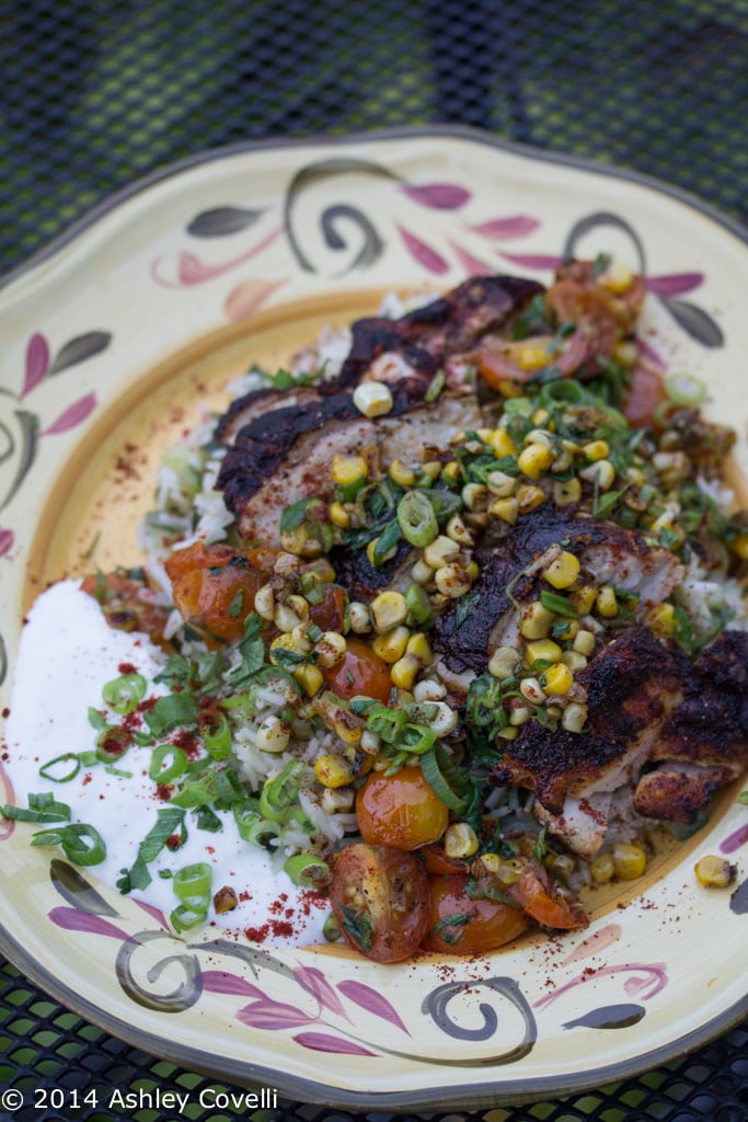 Blackened Chile-Dusted Chicken with Zucchini Rice Pilaf & Corn-Tomato Salsa