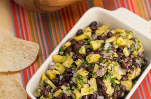 Pineapple and Black Bean Salsa with tortilla chips.