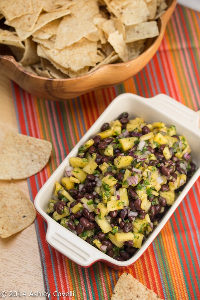 Pineapple and Black Bean Salsa with tortilla chips.