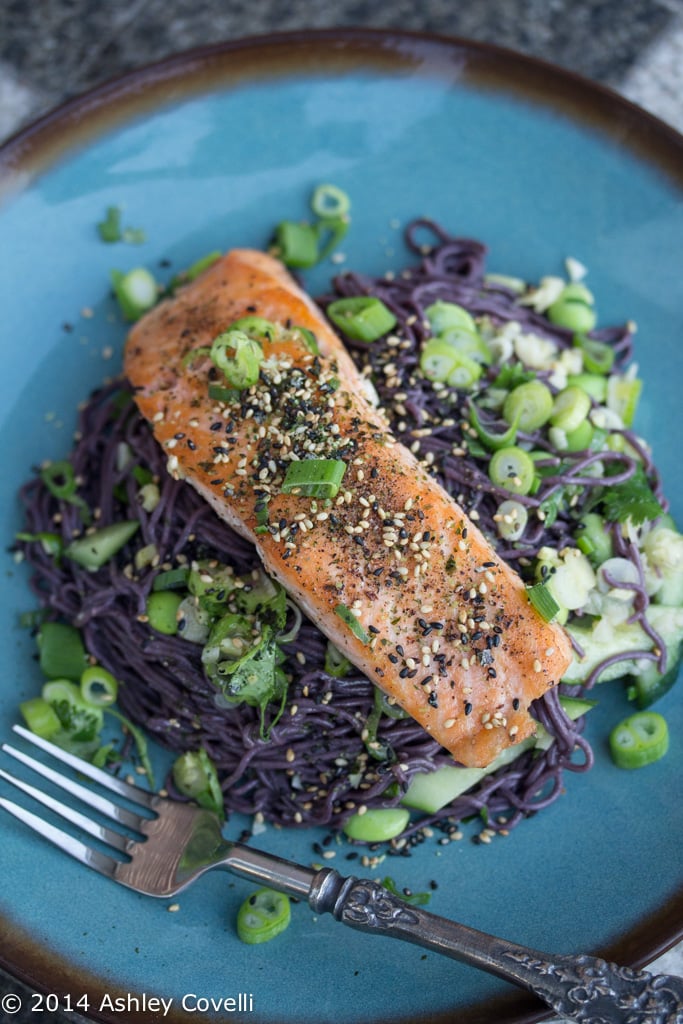 Furikake-Topped Salmon with Fresh Edamame & Miso-Sesame Black Noodles ...