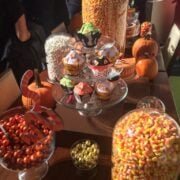 Table display of Halloween candy.