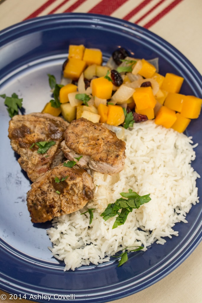 Pork Cutlets with Butternut Squash, Apple, and Cranberry Sauté