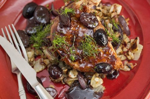 Pan-Roasted Chicken with Saba-Grape Sauce, Roasted Fennel & Sunchokes