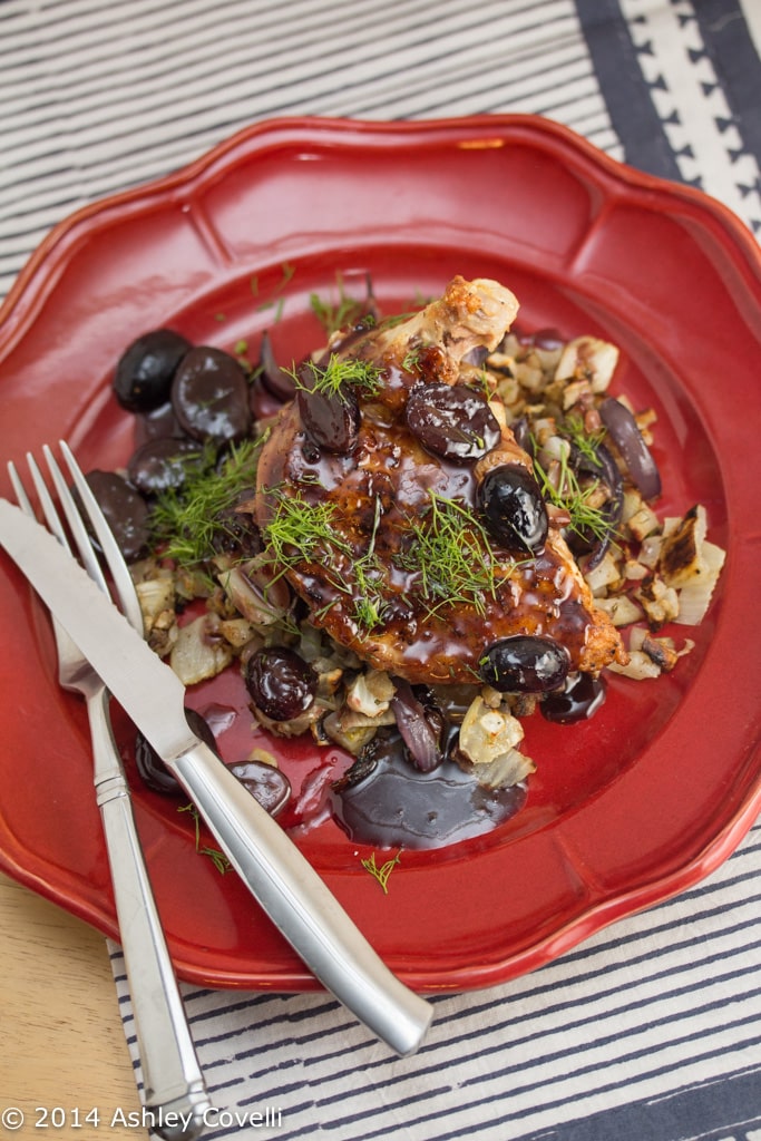 Pan-Roasted Chicken with Saba-Grape Sauce, Roasted Fennel & Sunchokes