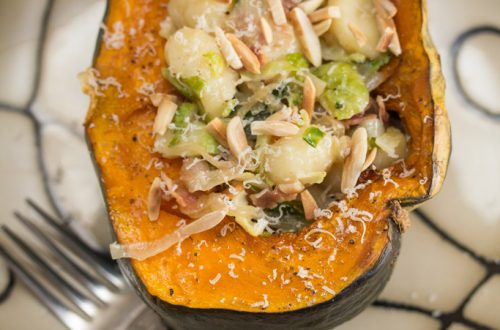Roasted Buttercup Squash with Gnocchi, Bacon, Brussels Sprouts + Parmesan