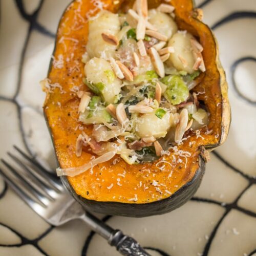 Roasted Buttercup Squash with Gnocchi, Bacon, Brussels Sprouts + Parmesan