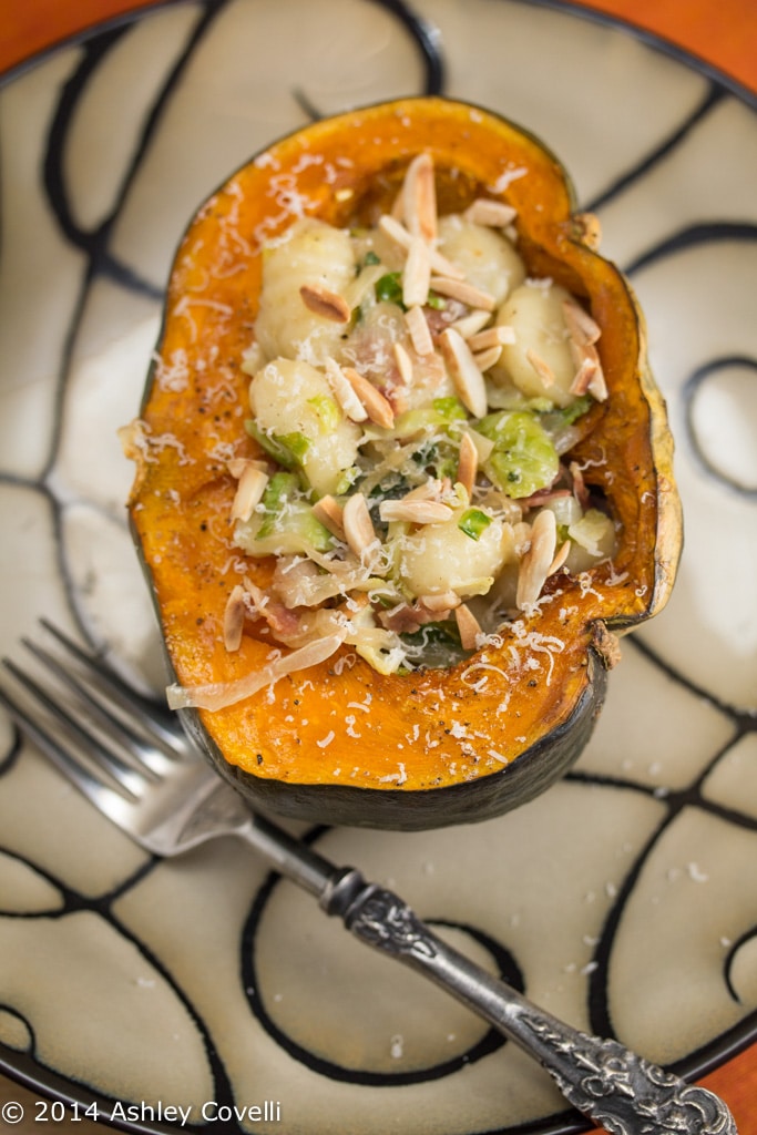 Roasted Buttercup Squash with Gnocchi, Bacon, Brussels Sprouts + Parmesan