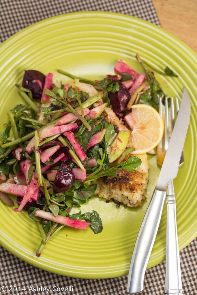 Chicken Schnitzel with Watercress, Apple, Beet & Red Walnut Salad