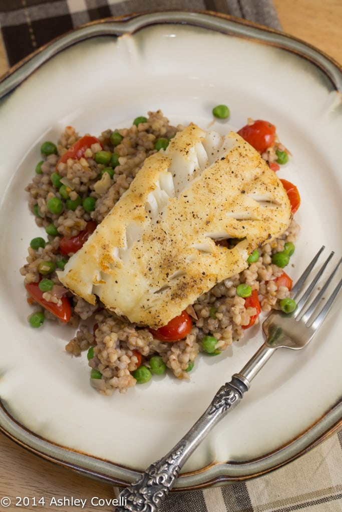 Pan-Fried Cod Over Garlicky Tomato & Pea Buckwheat Groats