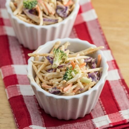 Ramekins of Rainbow Slaw with Smoked Paprika Mayo.